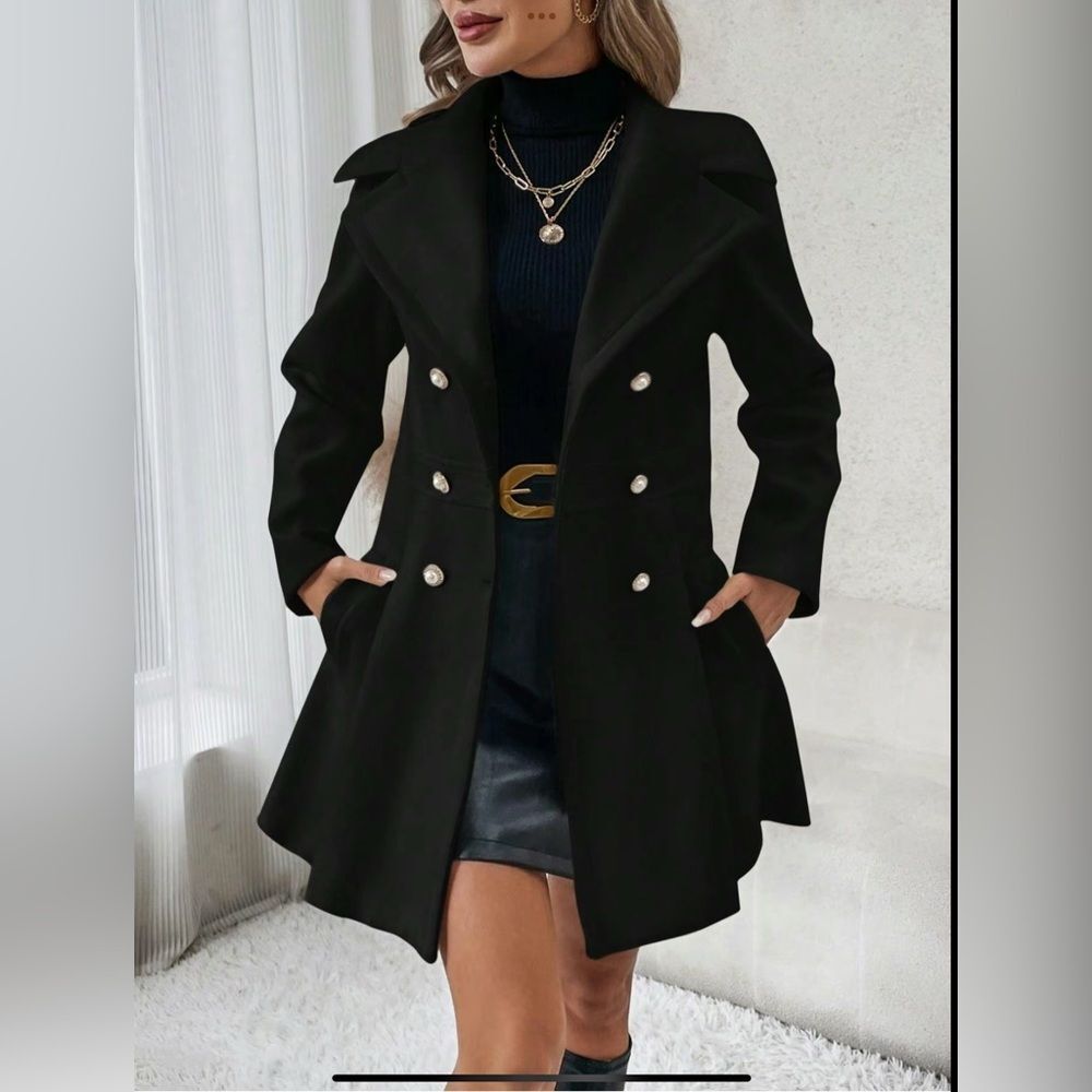 SZ XXL TIKTOK VIRAL OVERCOAT Elegant Black Double-Breasted Women's Coat - Picture 2 of 6